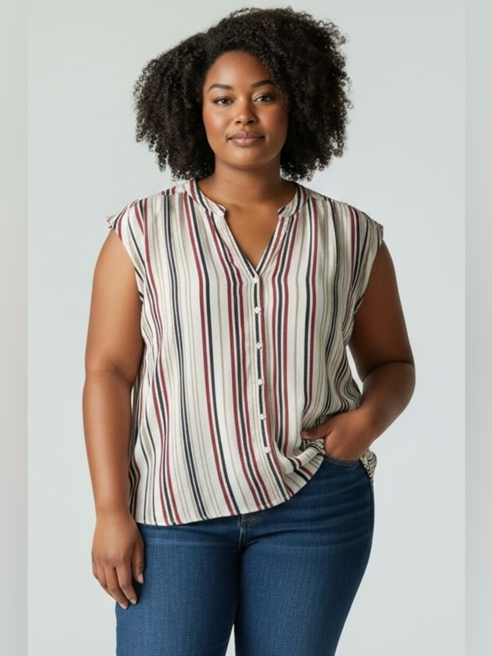Striped Rayon Top in Red, Navy & Tan